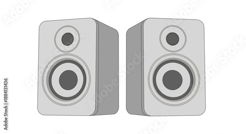 A pair of white computer speakers displayed on a plain white background from a front viewpoint