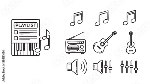 Collection of musical instruments and audio equipment icons isolated