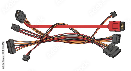 A collection of multicolored cables and connectors arranged in a complex configuration viewed from directly above on a plain surface