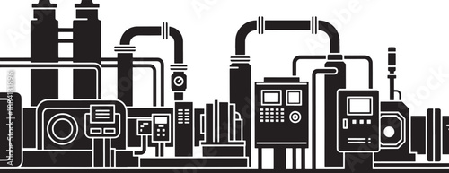 Black and white industrial factory machinery with pipes and control panels plumbing