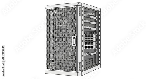 Detailed technical illustration of a server cabinet with multiple servers and networking equipment installed, viewed from the front at an angle.
