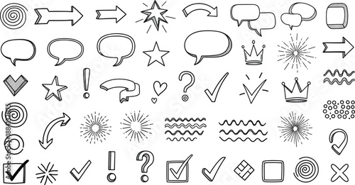 Hand Drawn Doodle Icons Vector Set with Arrows Speech Bubbles Stars Check Marks and Decorative Elements