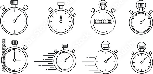 A collection of minimalist line art stopwatch icons, illustrating concepts of time, speed, measurement, and precision. Perfect for sports, deadlines, and tracking progress.