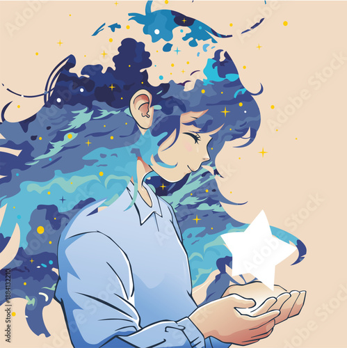 A silhouette of a mother with her son and daughter under a moonlit Christmas night sky featuring a vector illustration of a fairy angel, stars, and a snowy winter tree