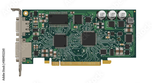 A high-performance graphics card with various components and circuitry on a green PCB board viewed from directly above