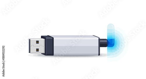 A wireless USB flash drive with a blue glow is shown against a plain white backdrop, viewed from the side.