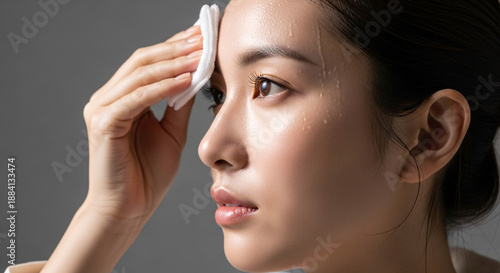 Side profile of a luminous Asian woman gently wiping her sweaty face with a soft white towel.