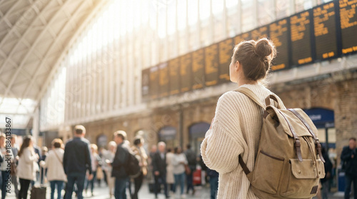 Young woman looking at departure board in busy train station  