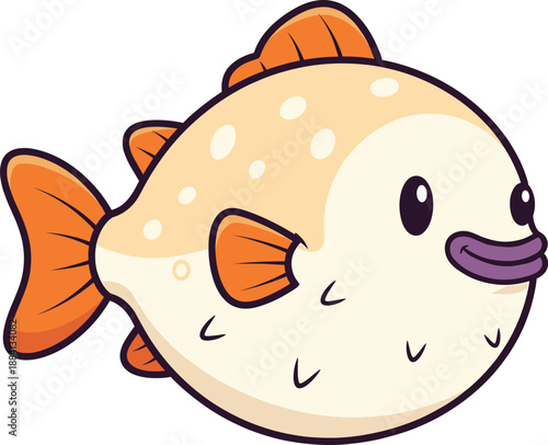 Cute round puffer fish cartoon vector illustration with orange fins and smiling face in kawaii style design