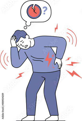 Vector flat illustration of a man in severe distress, clutching his head and lower back. 