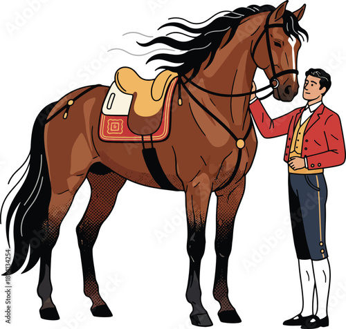 Bay Andalusian Horse with Rider in Traditional Spanish Attire, Pura Raza Española Stallion Vector Illustration with Saddle and Bridle, Elegant Equestrian Portrait Isolated on White
