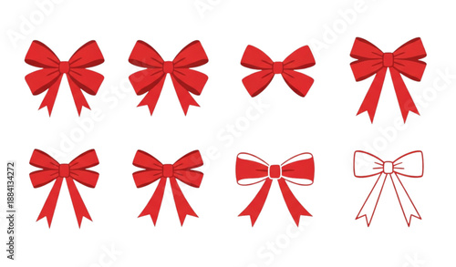 Cute Hand Drawn Red Bow and Ribbon Tie Vector Set for Gifts and Decorations