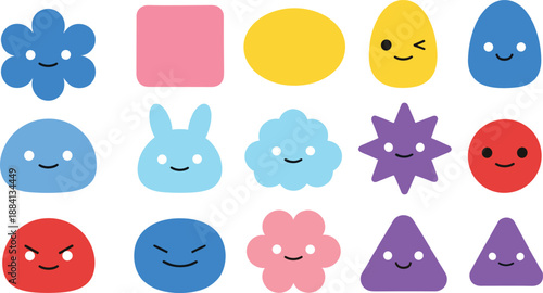 Cute colorful abstract shape face vector set with smiling cartoon characters in playful modern flat design style