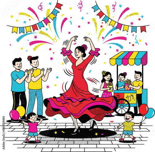 Spanish Street Festival Vector Illustration of Flamenco Dancer in Red Dress with Confetti and People Celebrating Traditional Cultural Fair Event and Public Party Icon