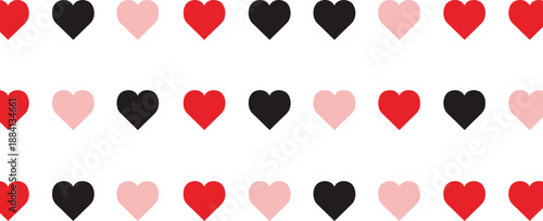 Seamless heart pattern vector with red black and pink love symbols in cute repeating background design