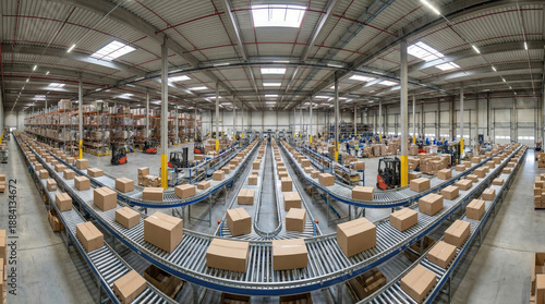 Large warehouse interior with conveyor belts and stacked boxes, showcasing efficient logistics