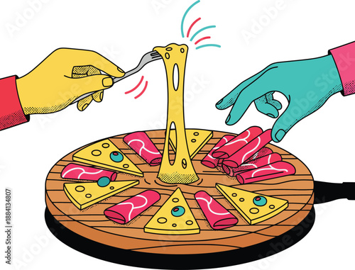 Argentine Cheese and Ham Platter Picada Vector Illustration of Hands Sharing Cold Cuts and Appetizers on Wooden Board with Melted Cheese Stretch and Traditional Social Snacks