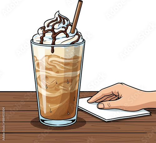 Frappuccino Vector Illustration with Whipped Cream Chocolate Drizzle and Straw on Wooden Cafe Table with Hand and Napkin Isolated on White