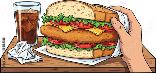 Sandwich de Milanesa Vector Illustration with Breaded Meat Fillet Lettuce Tomato Cheese and Soda Glass Held by Hand on Wooden Table for Food Design