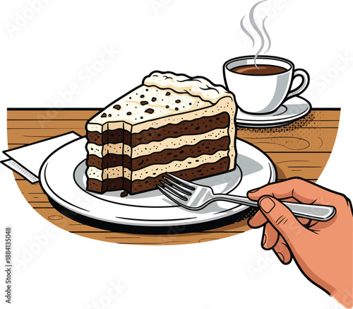 Chocotorta Vector Illustration of Traditional Argentine Chocolate Layer Cake with Dulce de Leche Coffee and Hand Holding Fork on Wooden Table Background