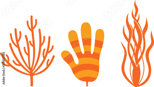 Orange coral seaweed and plant shape vector set for ocean theme decoration marine life and tropical design use