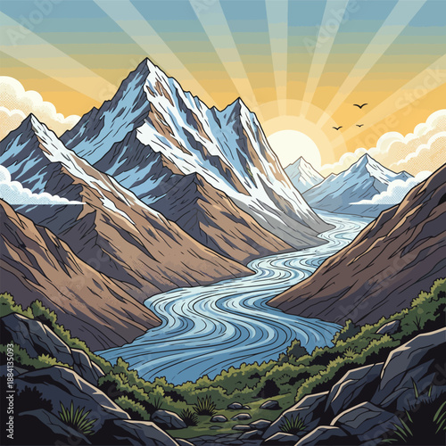 Andes Mountains Argentina Vector Illustration with Snow Capped Peaks Winding River and Sunburst over Rugged Valley Landscape at Sunrise