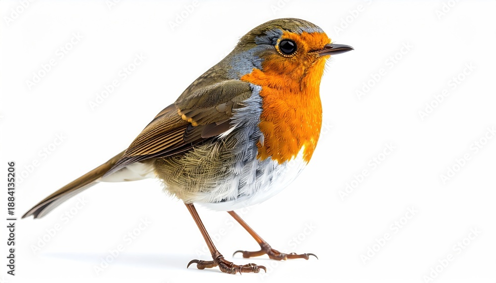 Fototapeta premium A vibrant robin with an orange breast on white