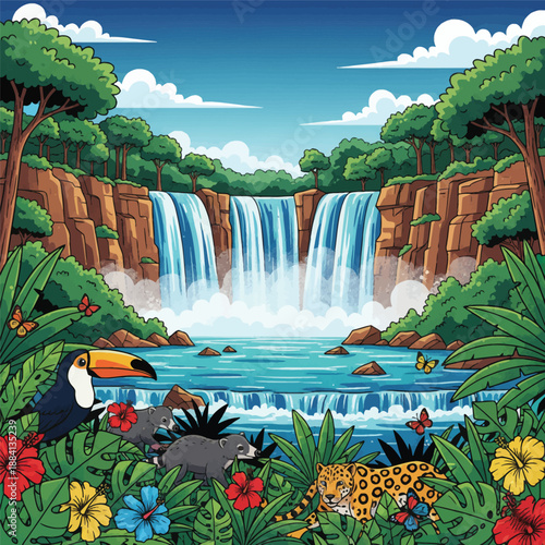 Iguazu Falls National Park Vector Illustration with Waterfalls Jungle Rainforest Jaguar Toucan and Coati Wildlife in Argentina and Brazil