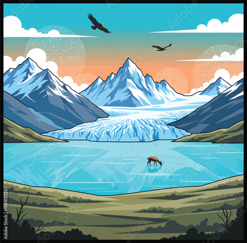 Patagonia Landscape Vector Illustration of Perito Moreno Glacier in Andes Mountains with Glacial Lake Condors and Guanaco Wildlife at Sunset