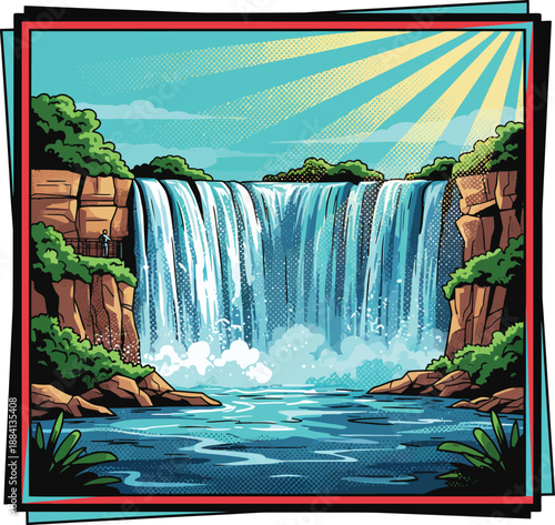 Iguazu Falls Waterfall Vector Illustration Featuring Dramatic Cataratas del Iguazu Landscape with Rainbows and Tropical Jungle Representing South American Nature Tourism in Argentina and Brazil
