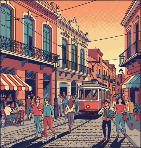 Buenos Aires Street Life Vector Illustration Featuring Historic Tram Traditional Colonial Architecture and People Enjoying Outdoor Cafes and Music in an Argentine Urban Neighborhood