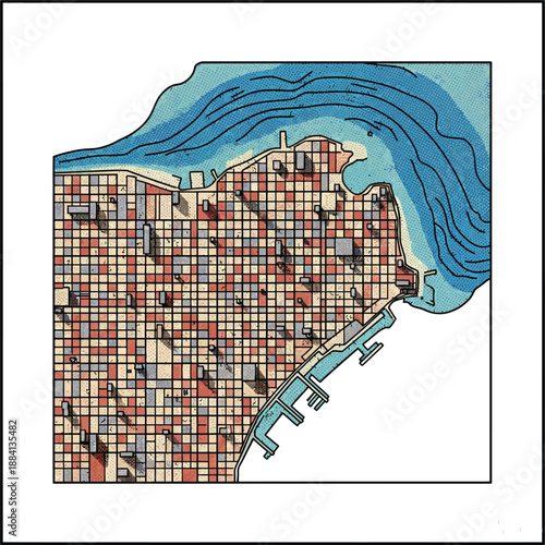 Buenos Aires Argentina City Map Vector Illustration Featuring Detailed Urban Grid Layout Coastal Port Area and Stylized Cartography of the Autonomous City Capital District