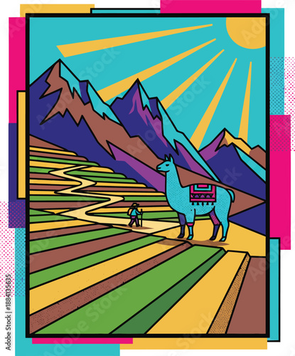 Andean Highland Landscape with Llama and Agricultural Terraces Vector Illustration of Peruvian Mountains and Incan Farming Heritage in the Andes South America