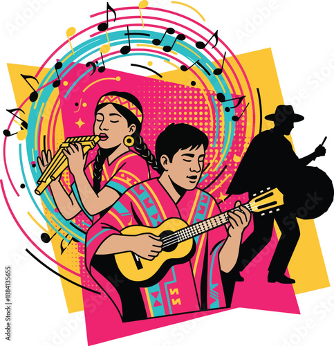 Musicians Playing Traditional Pan Flute and Charango with Musical Notes Vector Illustration Representing Andean Folk Music Heritage Culture and South American Artistic Celebration