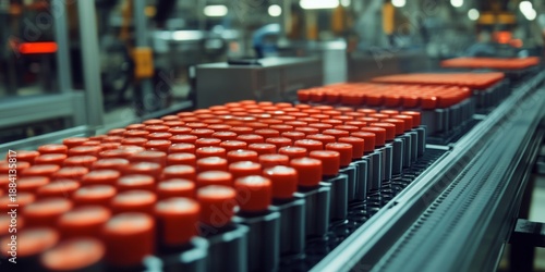 An assembly line in an industrial setting where red plastic bottles are being produced and moved along the conveyor belt.