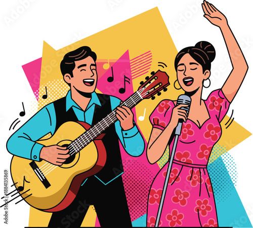 Musicians Playing Guitar and Singing Peruvian Cancion Criolla Vector Illustration Representing Latin American Folk Music Culture Celebration and Traditional Musical Heritage