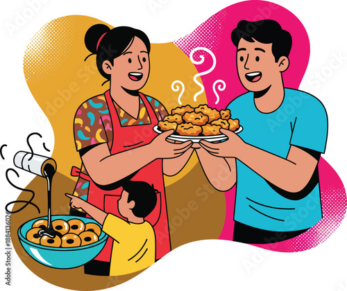 Peruvian family enjoying traditional street food with picarones and donuts in a colorful vector illustration of a South American food market scene