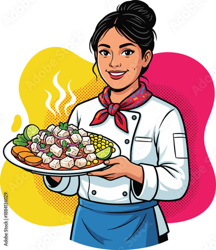 Professional Female Chef Holding a Fresh Plate of Peruvian Ceviche with Lime and Sweet Potato Traditional Gastronomy and Latin American Culinary Concept Vector Illustration
