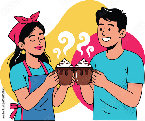 Peruvian Chocolatada Vector Illustration with Woman and Man Holding Steaming Cups of Spiced Hot Chocolate, Traditional Peru Christmas Celebration and Social Event