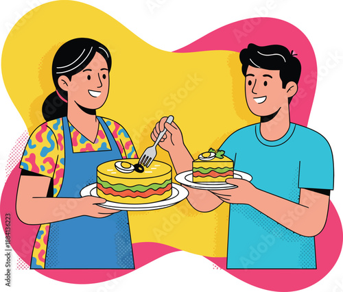 Peruvian Causa Rellena Vector Illustration with Woman Serving Layered Potato Cake to Happy Customer, Traditional Peru Gastronomy and Yellow Chili Cuisine