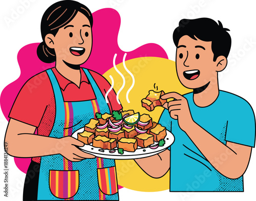 Peruvian Chicharron Vector Illustration with Crispy Fried Pork Belly, Sweet Potato Slices, Onion Salad and Salsa Criolla for Traditional Peru Gastronomy