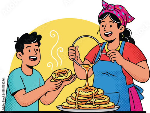 Peruvian Picarones Dessert Vector Illustration with Woman Pouring Honey over Sweet Potato Donuts for Happy Customer, Traditional Peru Street Food Cartoon