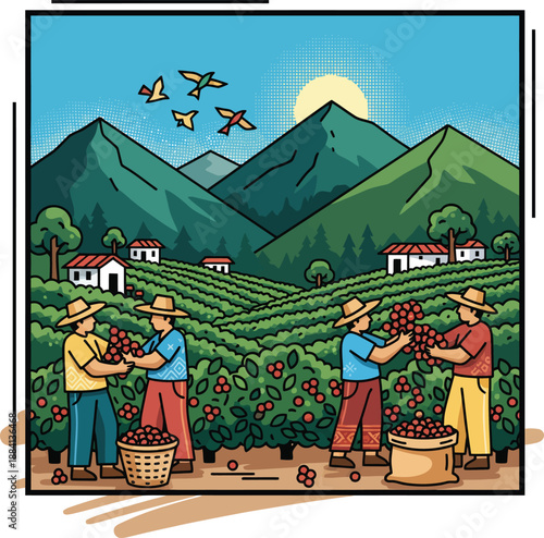 Huila Colombia Coffee Region Vector Illustration with Arabica Coffee Beans, Traditional Farmer, Andean Mountains and Sustainable Plantation Landscape for Coffee Packaging