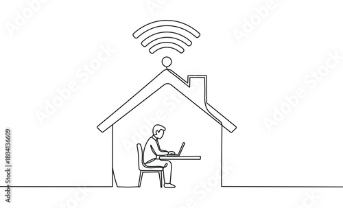 Person working remotely from home with laptop inside a house outline and prominent wifi signal