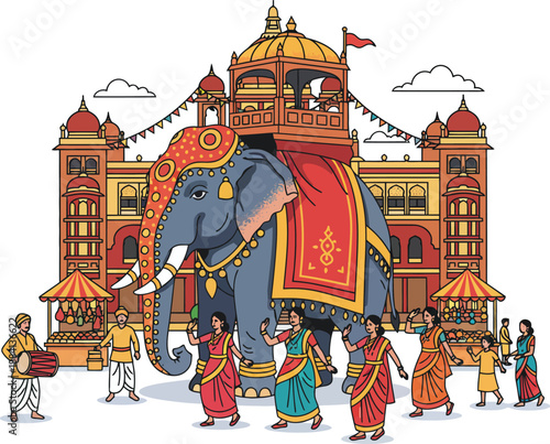 Mysore City Cultural Vector Illustration with Mysore Palace, Dasara Festival Elephant Procession, Traditional Mysore Silk Saree and Heritage Landmarks of Karnataka India