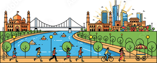 Sabarmati Riverfront Vector Illustration with Atal Pedestrian Bridge, People Jogging and Cycling, River Boats and Ahmedabad City Skyline, Gujarat India Urban Landscape
