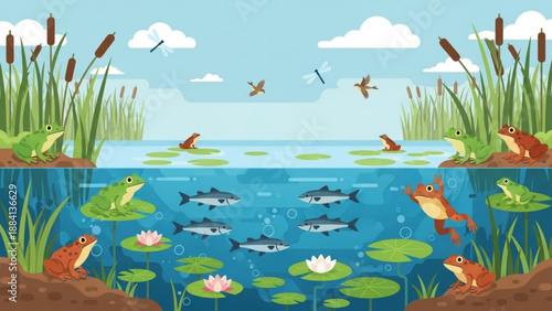 Frogs fish and aquatic plants in a pond ecosystem with lily pads and water lilies under a blue sky with clouds and flying insects