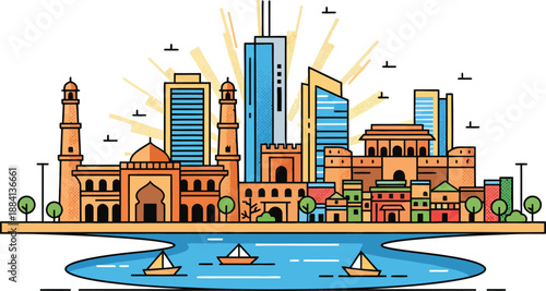 Ahmedabad City Skyline Vector Illustration with Sabarmati Riverfront, Atal Pedestrian Bridge, Jama Masjid and Historic Landmarks, Gujarat India Urban Cityscape Heritage