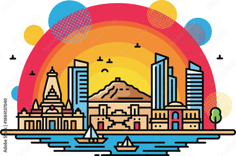 Fototapeta premium Gujarat City Skyline Vector Illustration with Ahmedabad and Surat Landmarks, Modern and Historic Architecture of Indian Urban Cityscape Silhouette