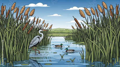 Serene wetland scene with a white heron standing amidst tall green reeds and cattails surrounded by swimming ducks in calm blue water under a clear blue sky with fluffy white